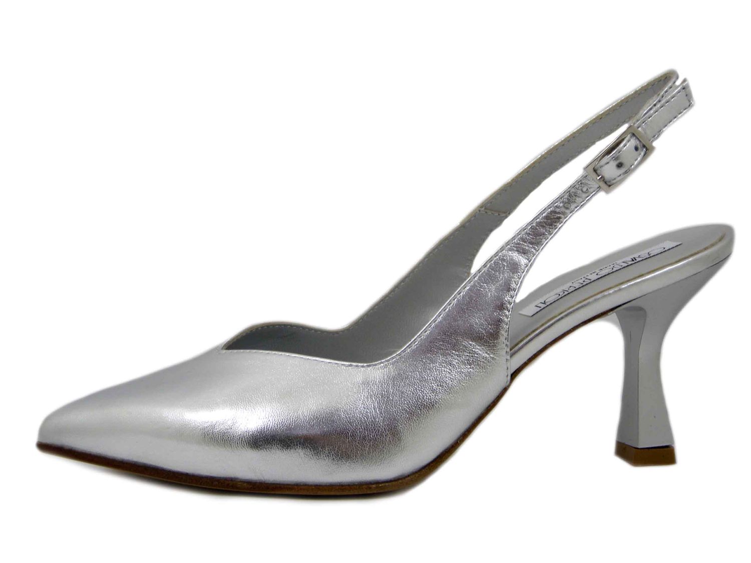 Decolleté Sling Back in Pelle Argento, Tacco Medio 7 cm, Osvaldo Pericoli - E5TA70