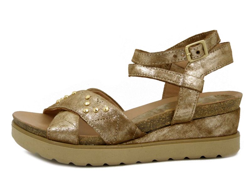 Sandali Donna in Pelle Beige con Borchie, Zeppa Media, MJUS - L16014