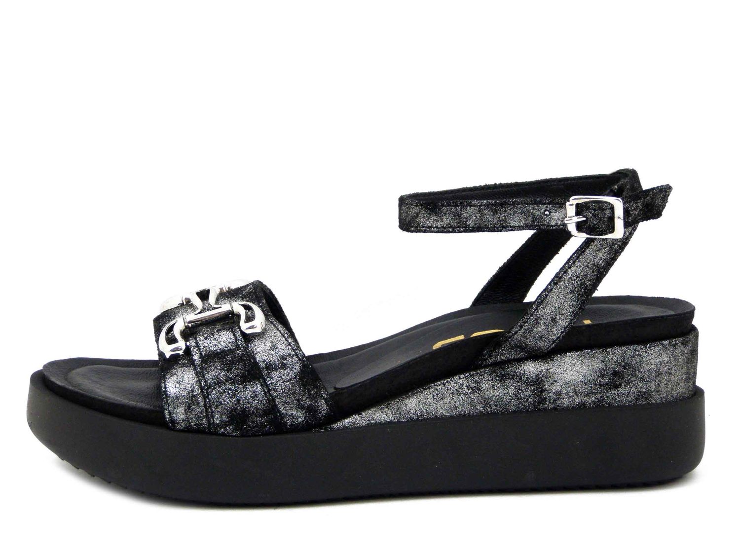 Sandali Donna in Pelle Nero Laminato, Zeppa Media, MJUS - T18029