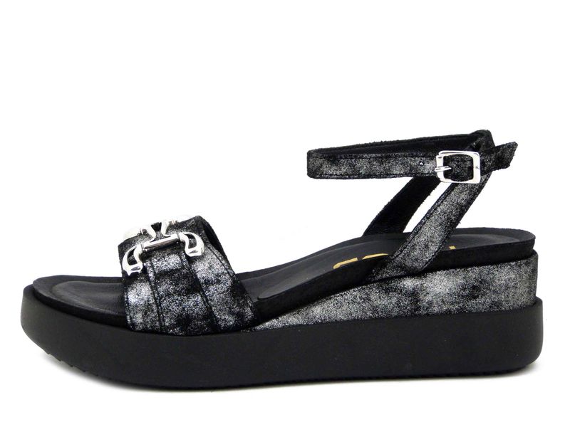 Sandali Donna in Pelle Nero Laminato, Zeppa Media, MJUS - T18029