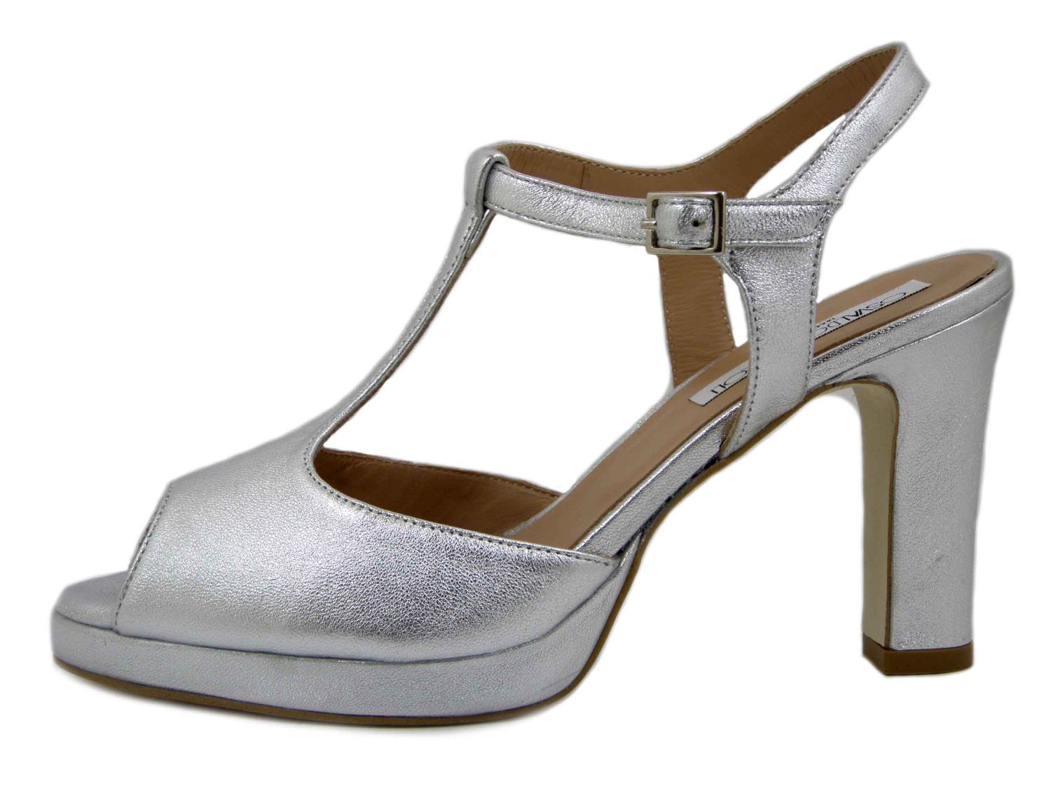 Sandali Donna Open Toe in Pelle Argento, Tacco Alto 9 cm e Plateau, Osvaldo Pericoli - 2831AR
