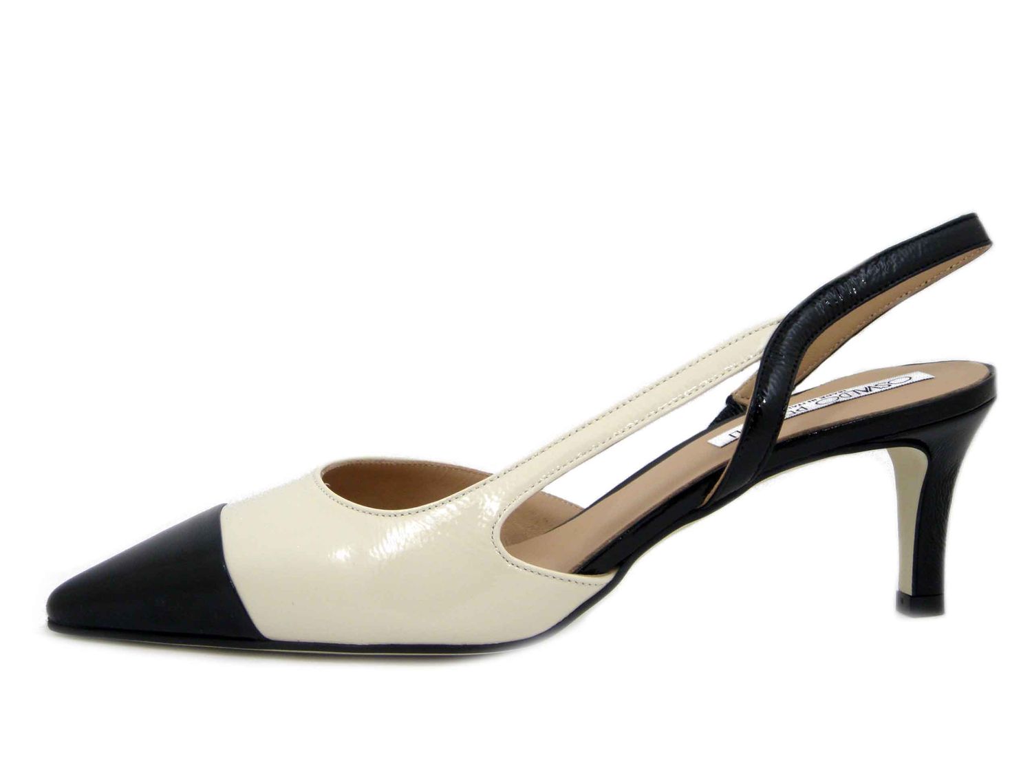 Decolleté Sling Back in Pelle Lucida Beige e Nero, Tacco Medio 6 cm, Osvaldo Pericoli - 5002 Decolleté Sling Back in Pelle Lucida Beige e Nero, Tacco Medio 6 cm, Osvaldo Pericoli - 5002