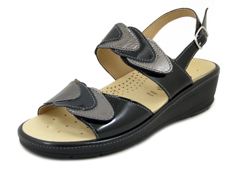 Sandali Donna Comfort Linea Ortopedica in Pelle Lucida Nero, Plantare Estraibile, Zeppa Bassa, CINZIA SOFT - 12636