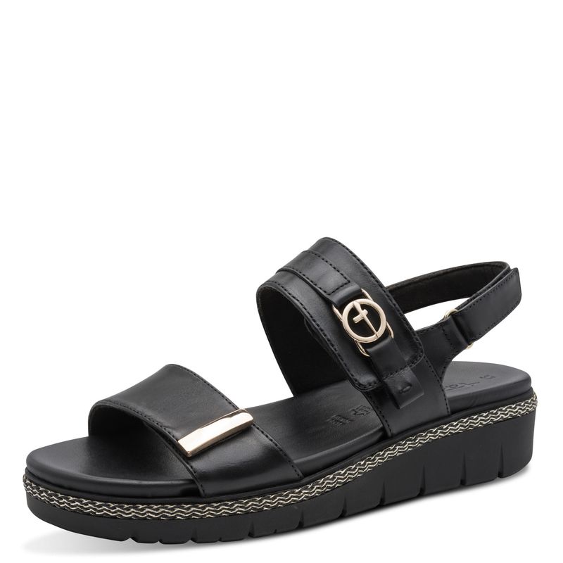 Sandalo Donna in Pelle Nero con Doppio Strap, Zeppa Bassa, Plantare Estraibile, Tamaris - 28264