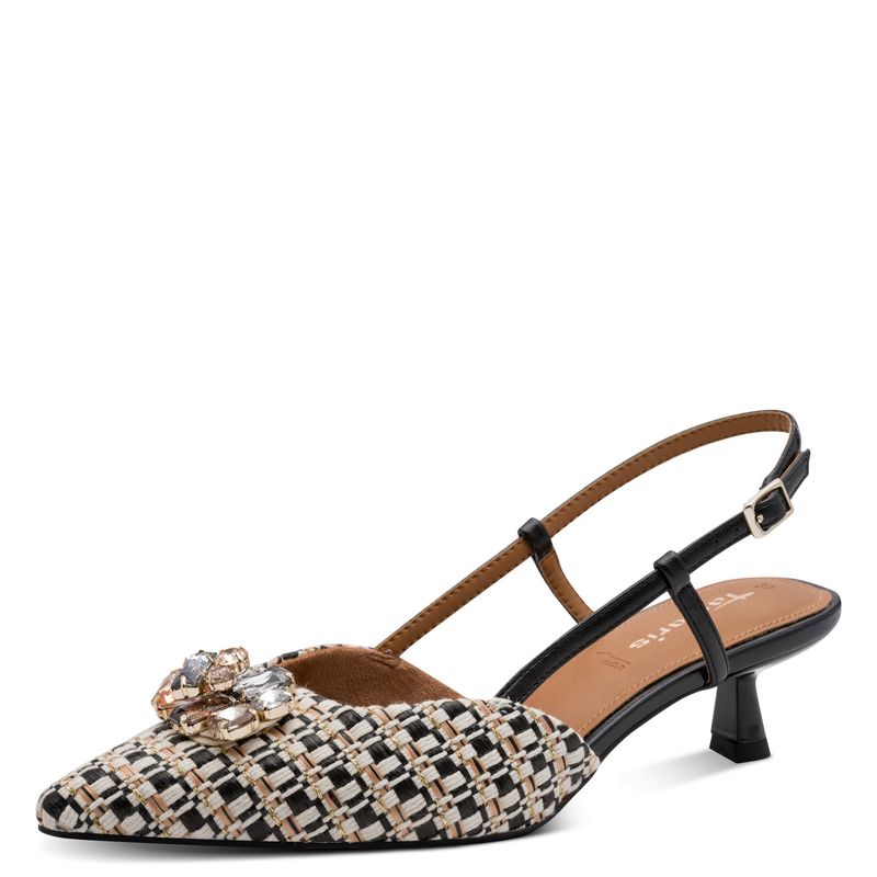 Decolletè Sling Back Gioiello in Tessuto Intrecciato Beige e Nero, Tacco Basso 4 cm, TAMARIS - 29512 Decolletè Sling Back Gioiello in Tessuto Intrecciato Beige e Nero, Tacco Basso 4 cm, TAMARIS - 29512