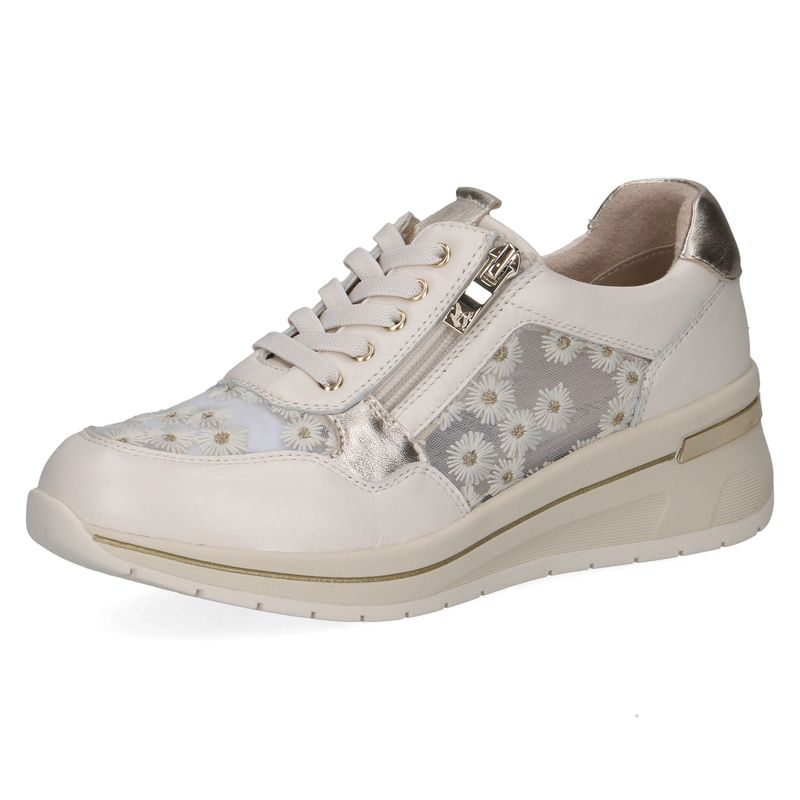 Sneakers Donna in Pelle Bianco e Oro con Tessuto Floreale, Plantare Estraibile, Pianta Larga, CAPRICE - 23703