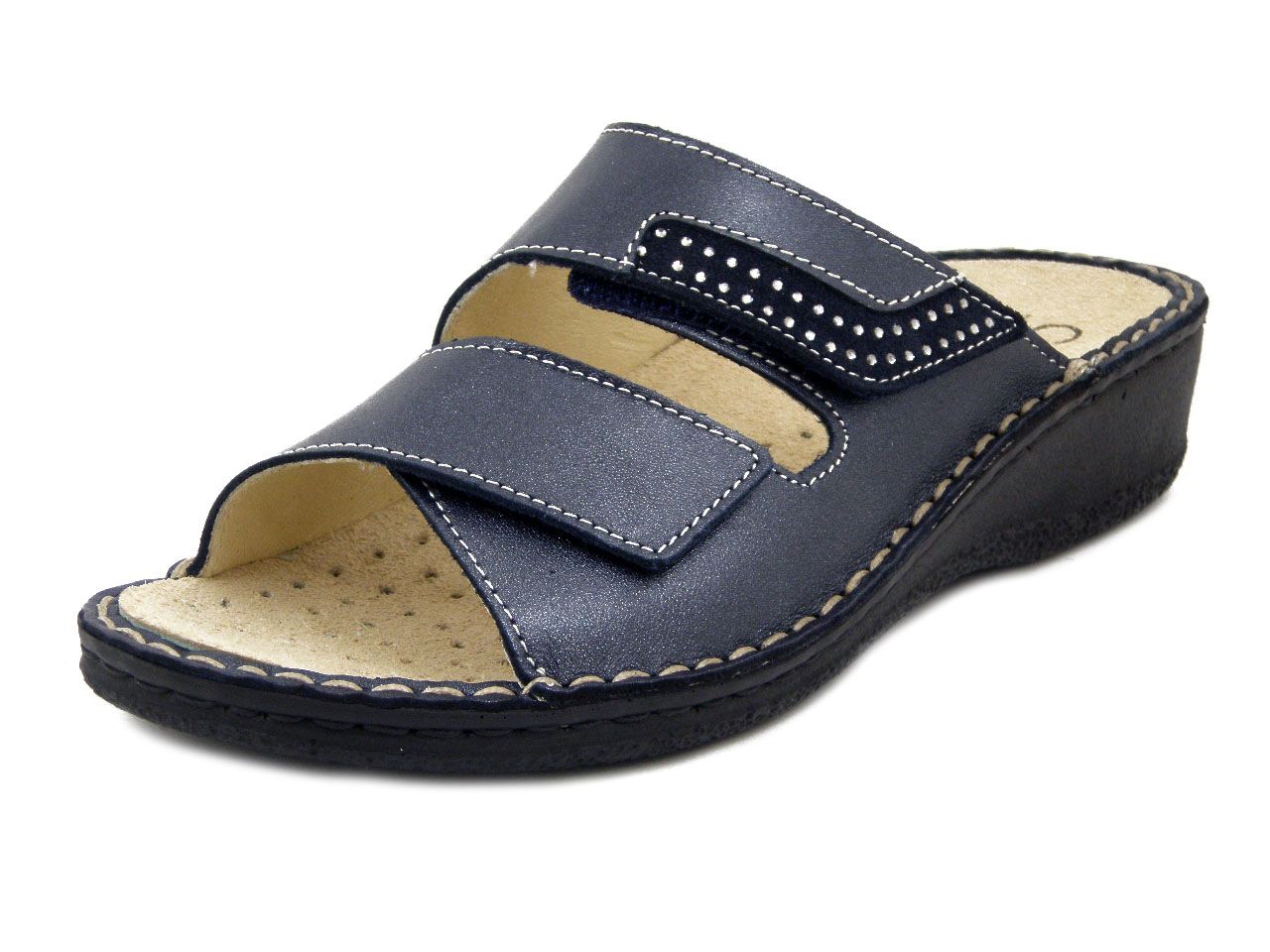 Ciabatte Comfort Linea Ortopedica in Pelle Blu, Doppio Strap, Plantare Estraibile, Zeppa Bassa, CINZIA SOFT - 2412H