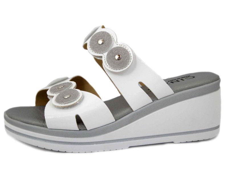 Ciabatte Sandali Donna Bianchi e Argento con Doppio Strap, Zeppa Media 6 cm, CINZIA SOFT - 13079