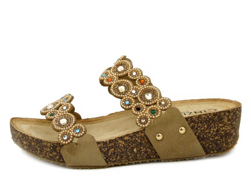 Sandali Ciabatte Gioiello Beige, Zeppa Bassa 4 cm, CINZIA SOFT - 1038
