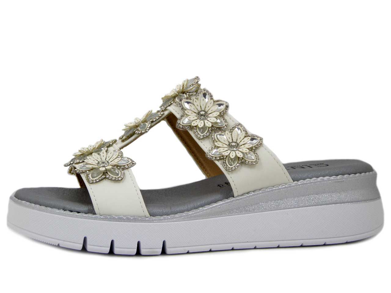 Sandali Ciabatte Gioiello Bianco e Argento, Zeppa Bassa 4 cm, CINZIA SOFT - 2721