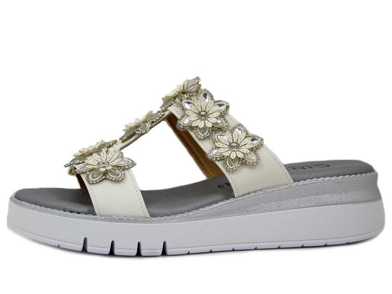 Sandali Ciabatte Gioiello Bianco e Argento, Zeppa Bassa 4 cm, CINZIA SOFT - 2721