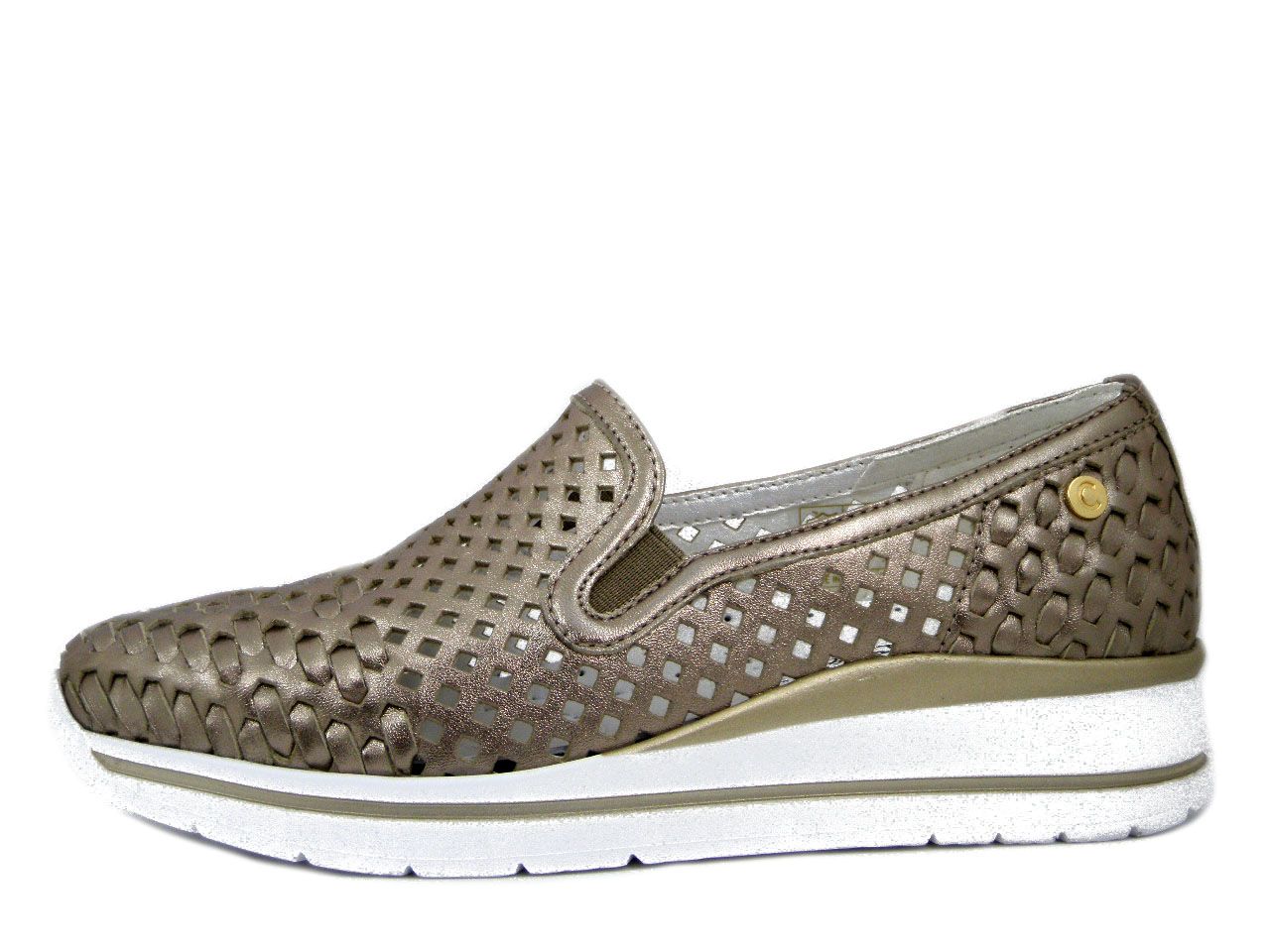 Mocassini Donna in Pelle Traforata Oro, Zeppa Bassa, CINZIA SOFT - 14846
