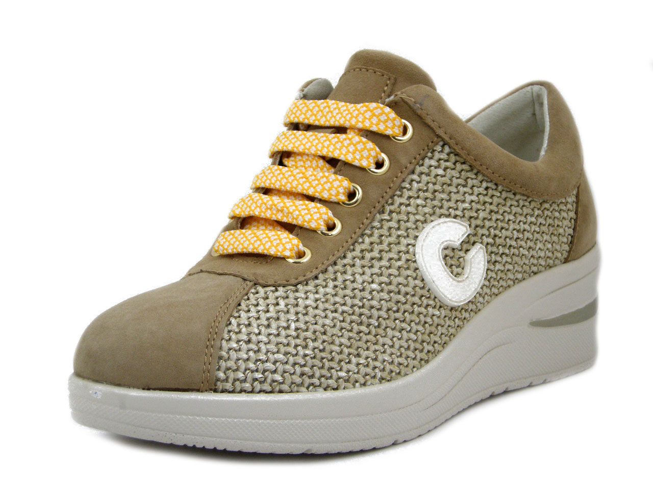 Sneakers Donna in Pelle e Tessuto Beige, Plantare Estraibile, Zeppa Media, CINZIA SOFT - 25050