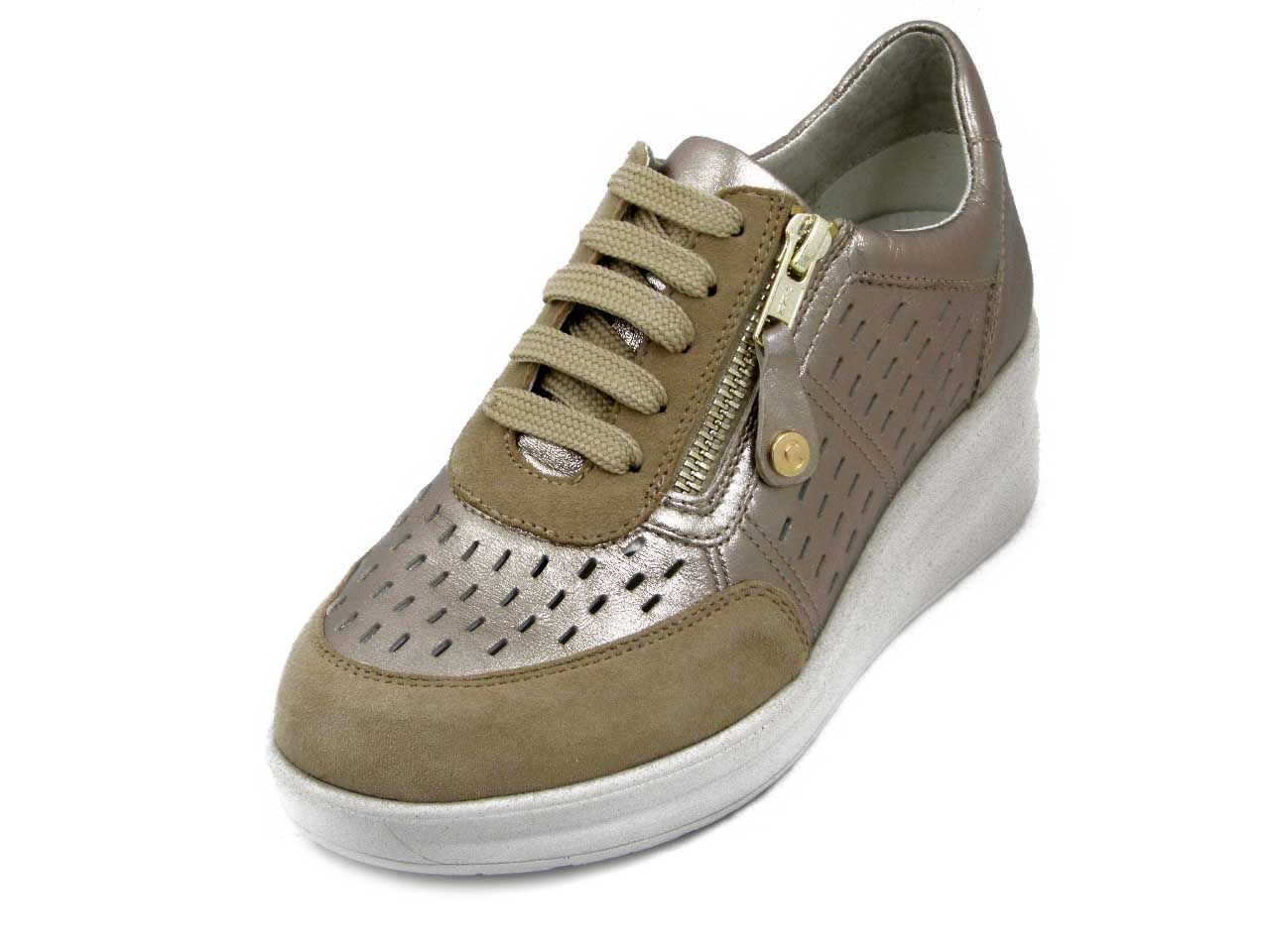 Sneakers Donna in Pelle e Camoscio Beige laminato, Plantare Estraibile, Zeppa Media, CINZIA SOFT - 23275