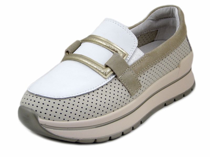 Mocassini Donna in Pelle Bianco e Beige, Zeppa Bassa 4 cm, Descanflex - 80044