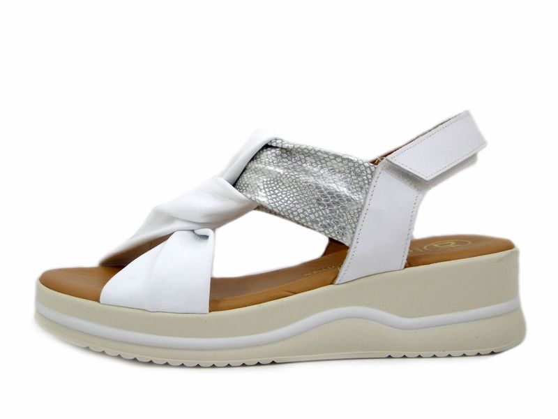 Sandali Donna in Pelle Bianco e Argento con Strap, Zeppa Bassa, Descanflex - 25535