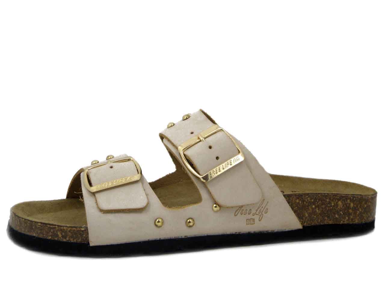 Sandali Ciabatte Donna in Pelle Beige con Borchie, Free Life - 1794FL