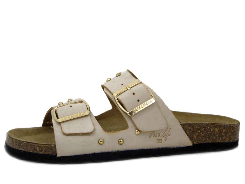 Sandali Ciabatte Donna in Pelle Beige con Borchie, Free Life - 1794FL