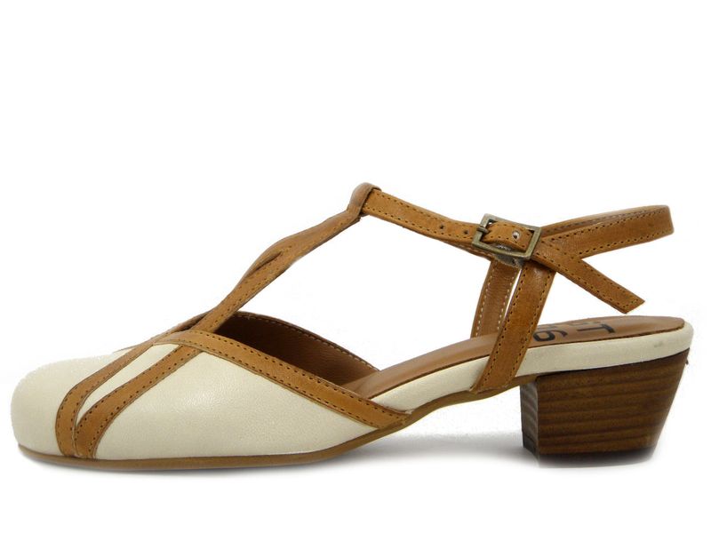 Decolleté Aperte con Cinturino in Pelle Beige e Marrone Cuoio, Tacco Basso 4 cm - 771