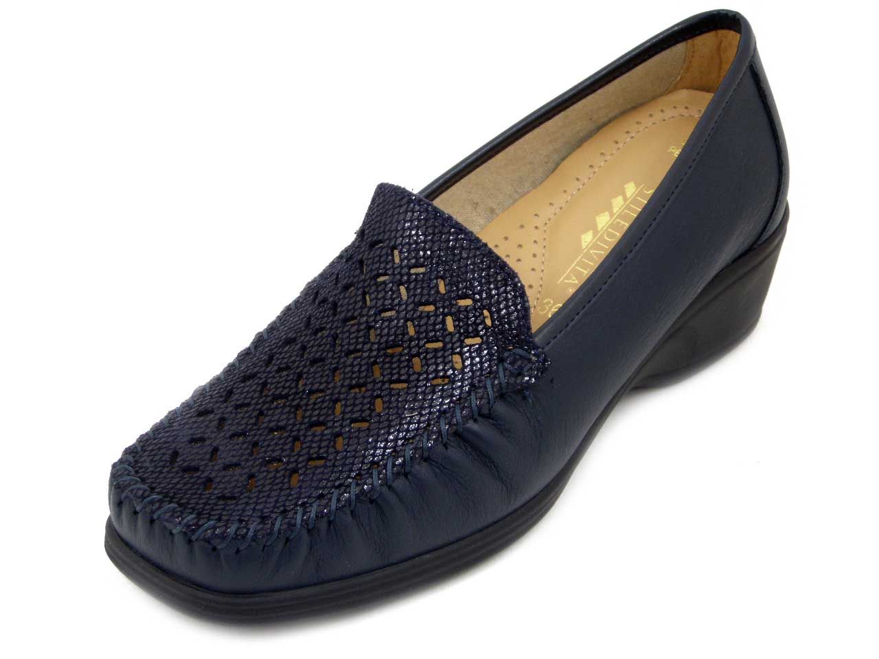 Mocassini Donna in Pelle Blu, Zeppa Bassa, Sottopiede Estraibile, STILEDIVITA - 2789