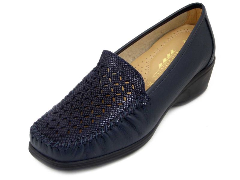 Mocassini Donna in Pelle Blu, Zeppa Bassa, Sottopiede Estraibile, STILEDIVITA - 2789