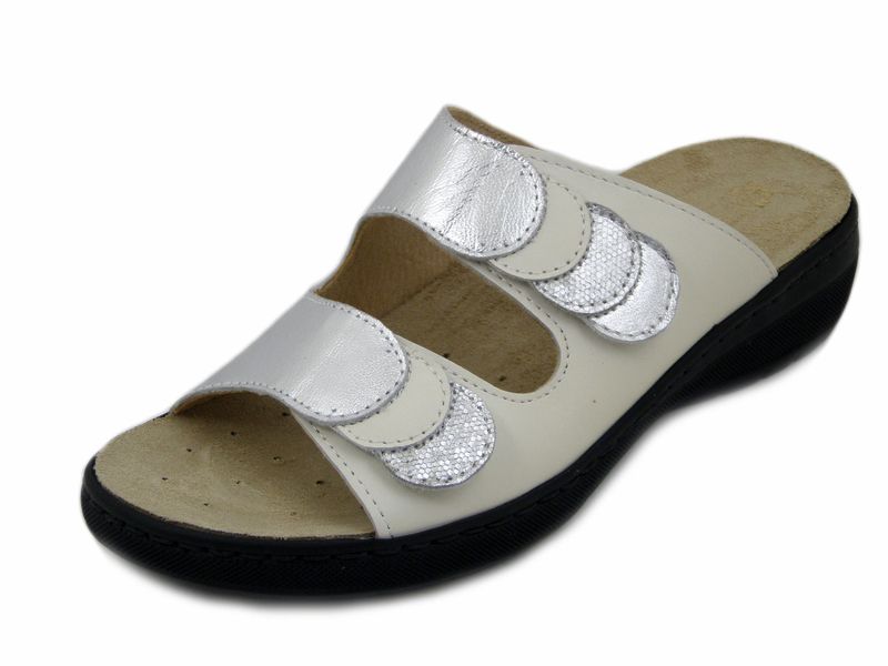 Ciabatte Donna Linea Ortopedica in Pelle Bianco e Argento, Doppio Strap, Plantare Estraibile, STILEDIVITA - 6362BIA