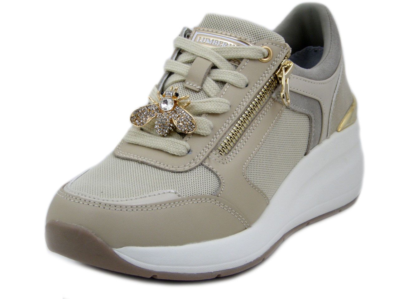 Sneakers Donna Gioiello in Pelle e Tessuto Beige, Plantare Estraibile, Zeppa Media 5 cm, Lumberjack - 9223