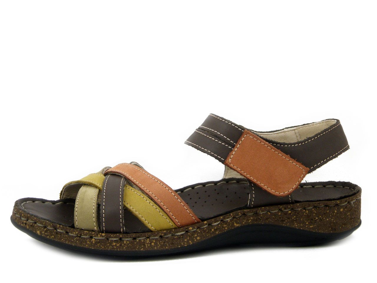 Sandali Donna in Pelle Marrone e Multicolore con Strap, Zeppa Bassa, Pianta Comoda, Walk in The City - 4317026