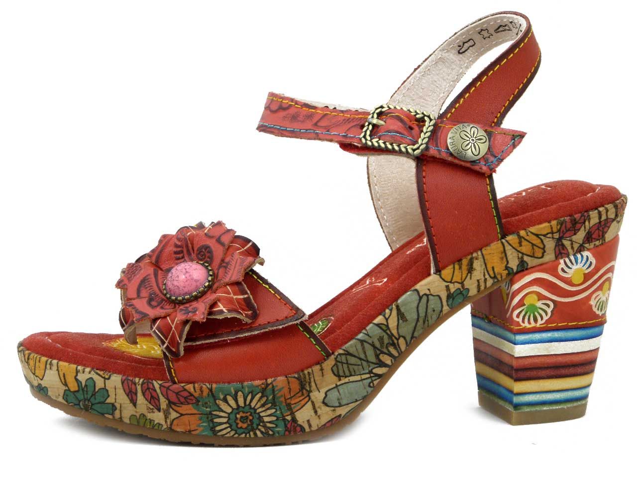 Sandali Donna Rossi in Pelle fantasia Floreale con Strap, Tacco Medio 7 cm e Plateau, LAURA VITA - NELLA031