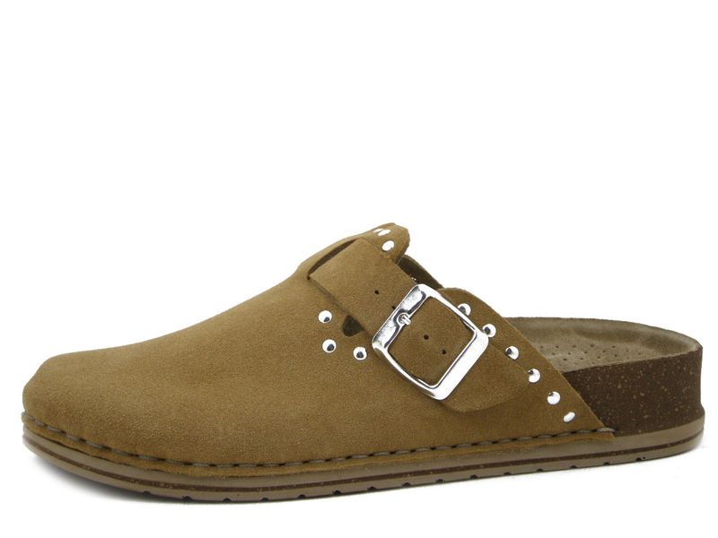 Sabot Donna in Pelle Camoscio Marrone Cuoio con Borchie, Walk in The City - 50561