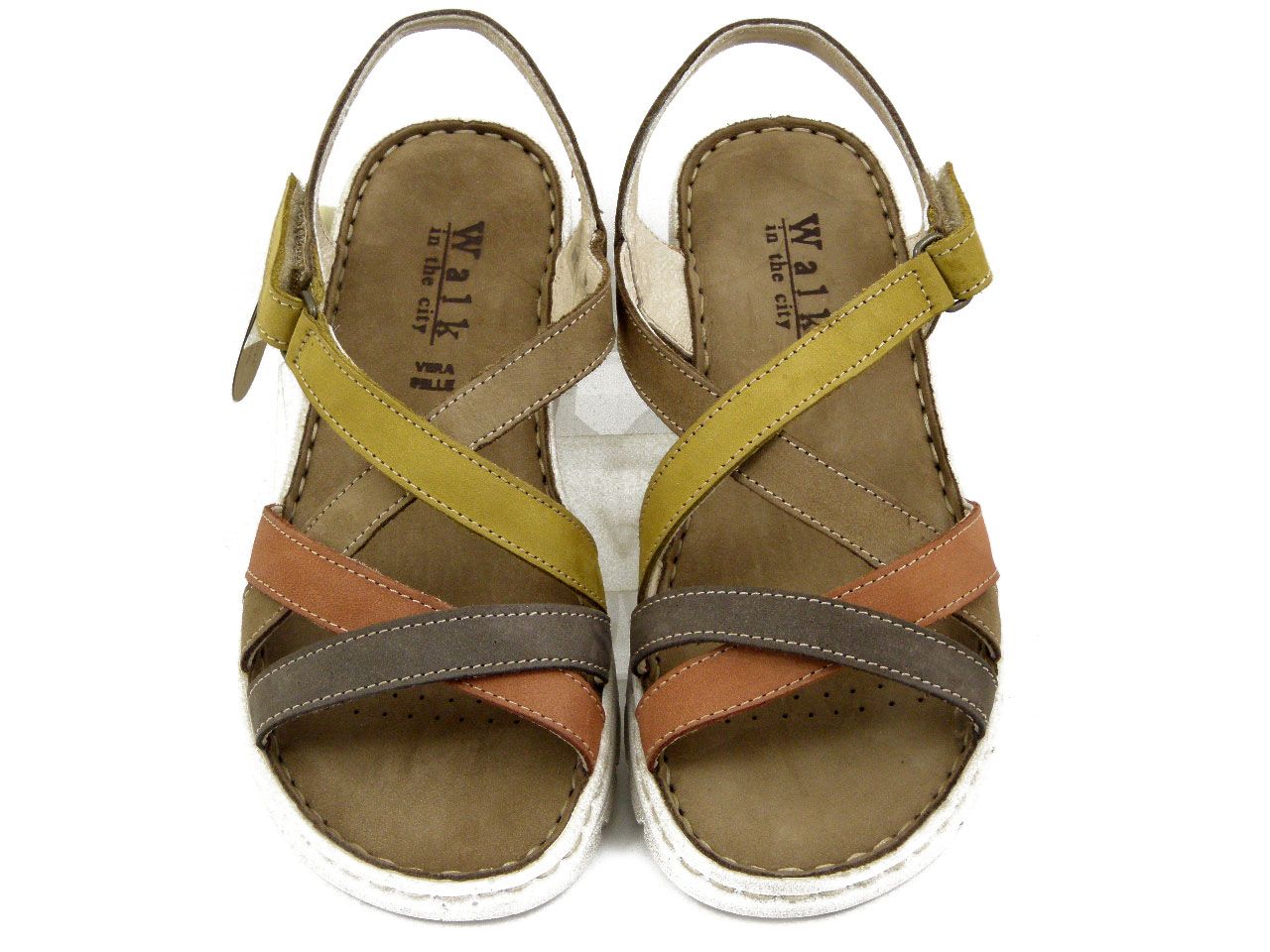 Sandali Donna in Pelle Beige e Multicolore con Strap, Zeppa Bassa, Pianta Comoda, Walk in The City - 47611