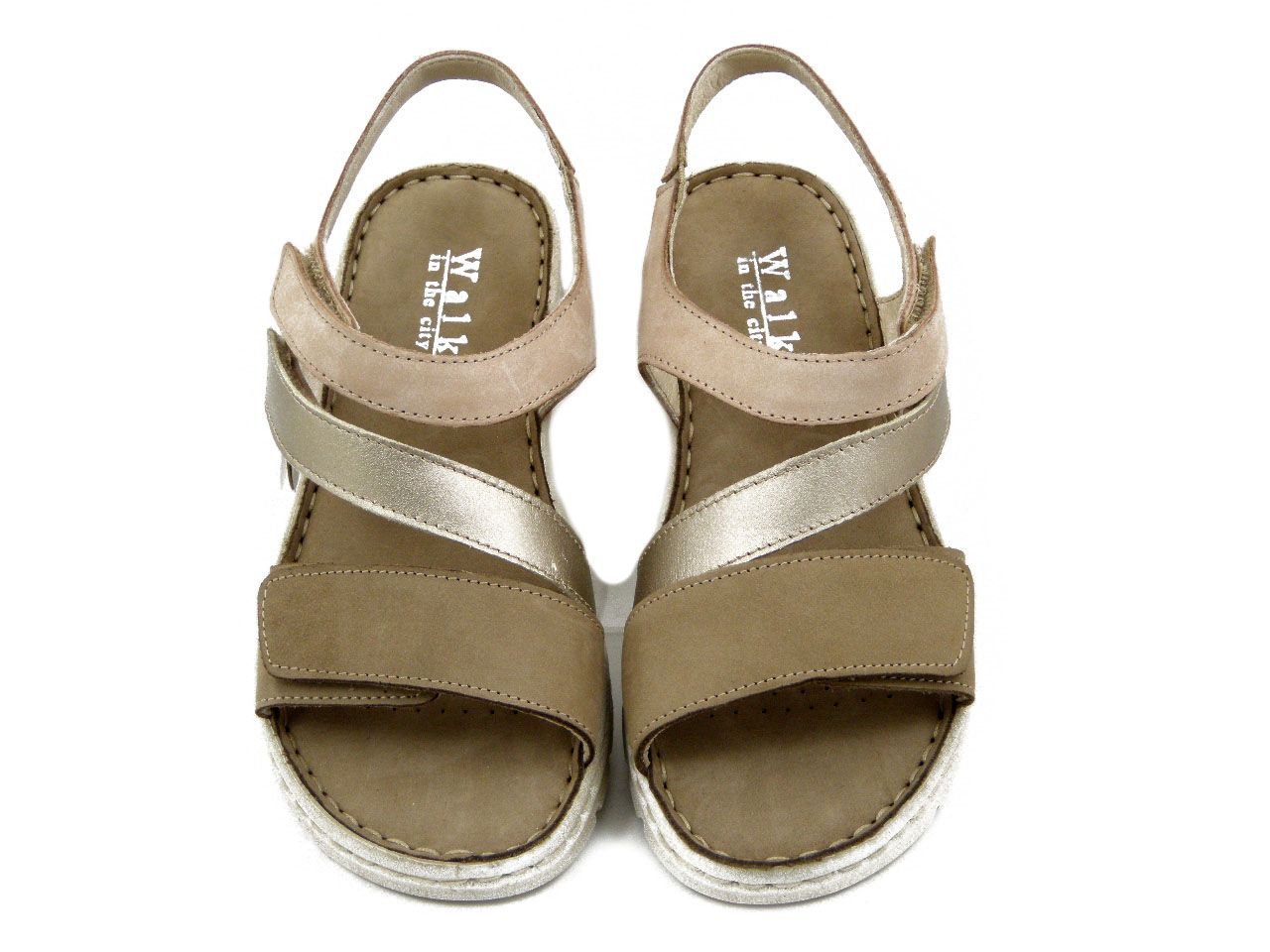 Sandali Donna in Pelle Beige con Strap, Zeppa Bassa, Pianta Comoda, Walk in The City - 47200LAM