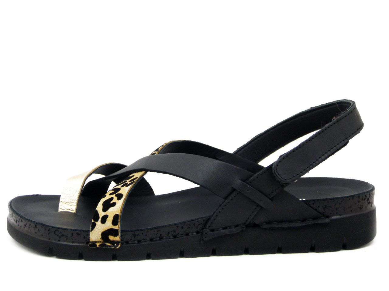 Sandali Donna Infradito in Pelle Nero e Animalier, Zeppa Bassa, Pianta Comoda, Walk in The City - 51000