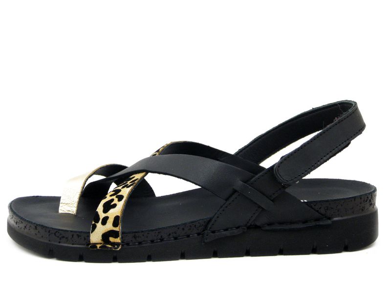 Sandali Donna Infradito in Pelle Nero e Animalier, Zeppa Bassa, Pianta Comoda, Walk in The City - 51000