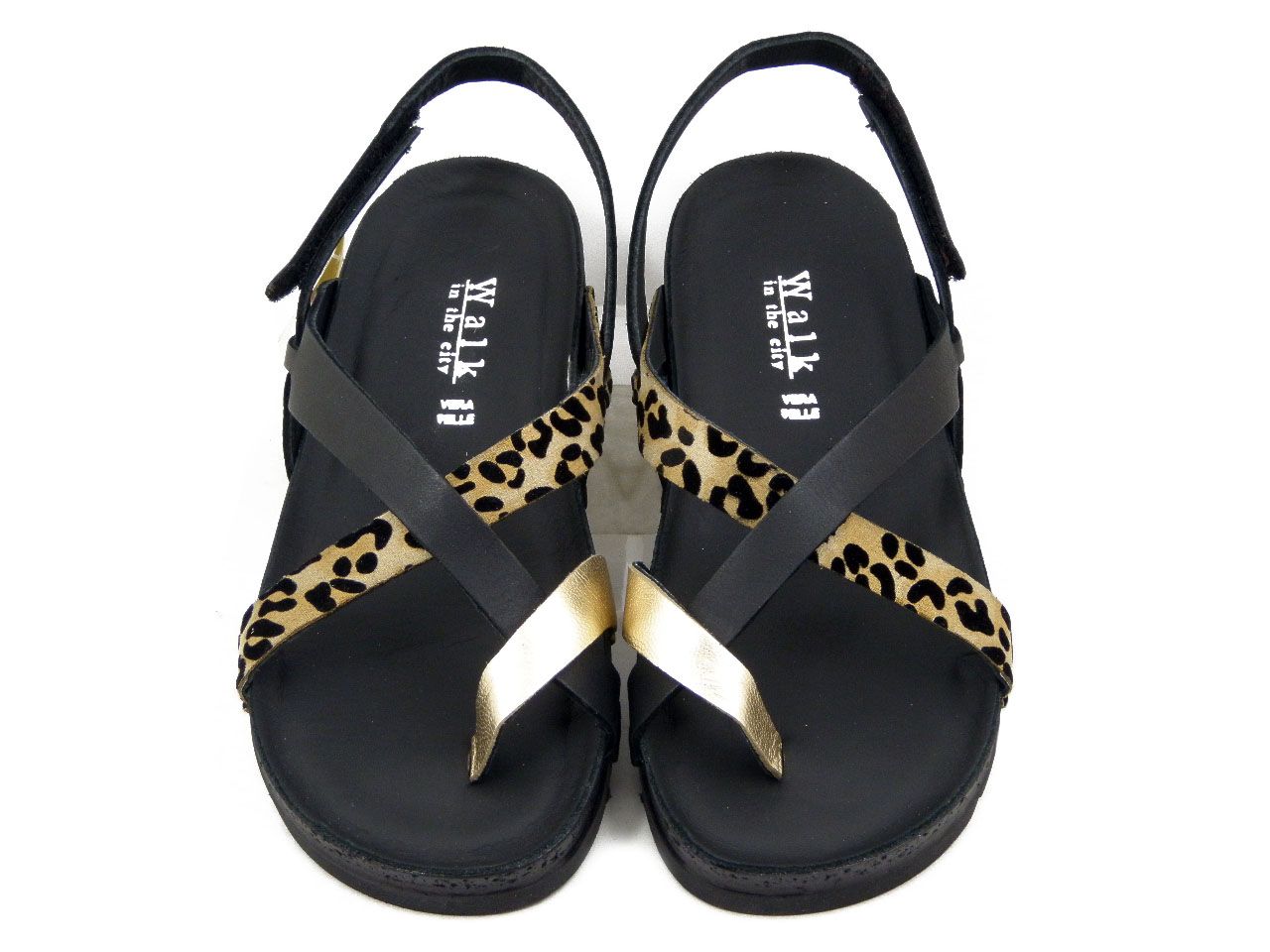 Sandali Donna Infradito in Pelle Nero e Animalier, Zeppa Bassa, Pianta Comoda, Walk in The City - 51000