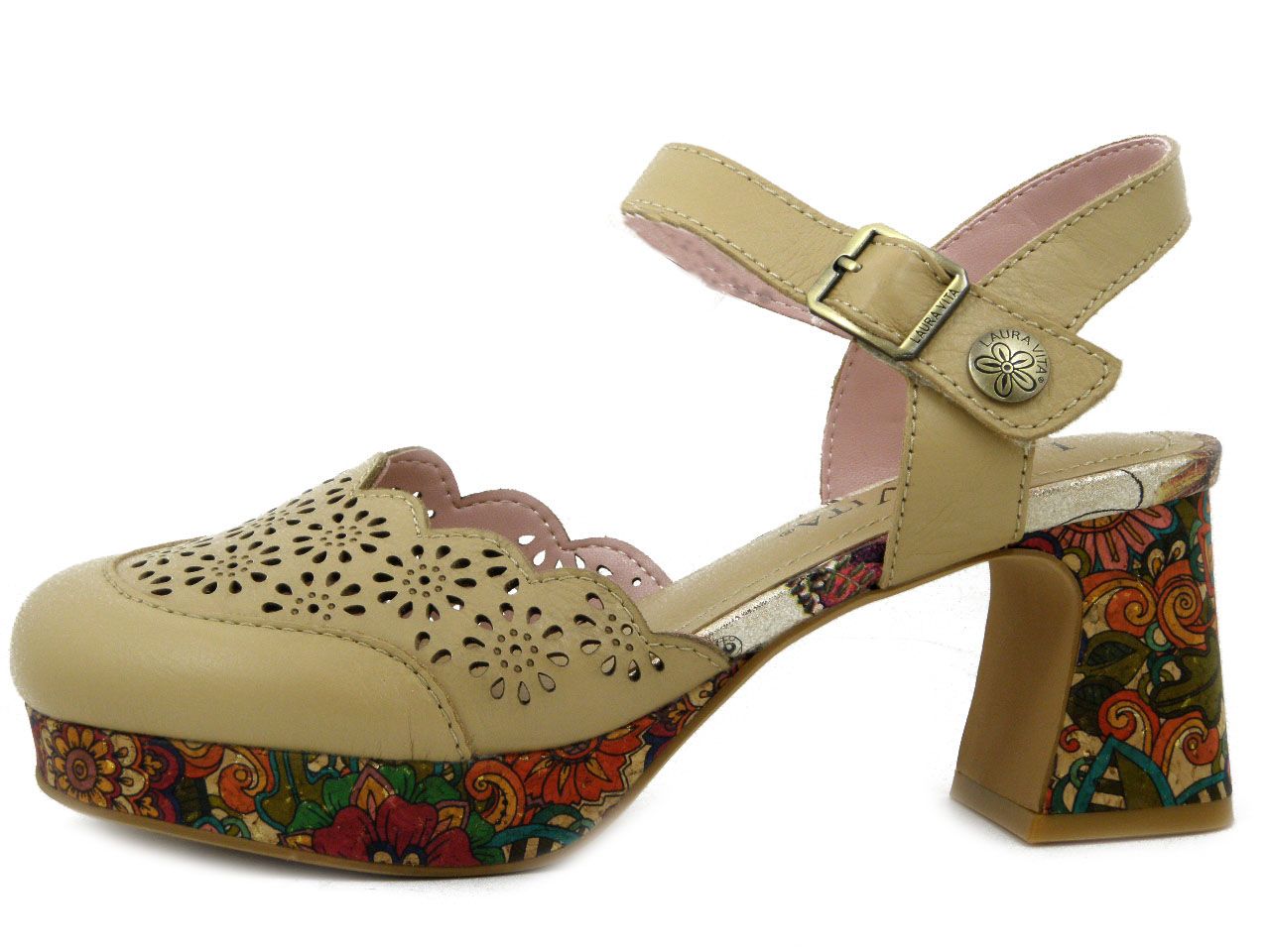 Sabot Donna in Pelle Beige con cinturino, Tacco Medio e Plateau, LAURA VITA - THEAO