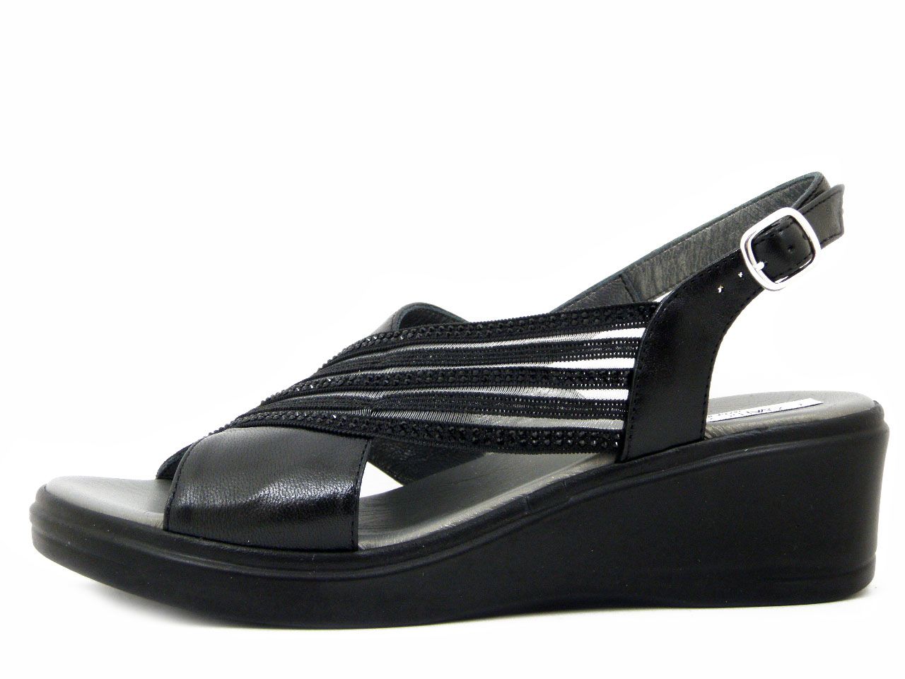 Sandali Donna in Pelle Nero e Tessuto con Strass, Zeppa Media 5 cm, Osvaldo Pericoli - 7299G1