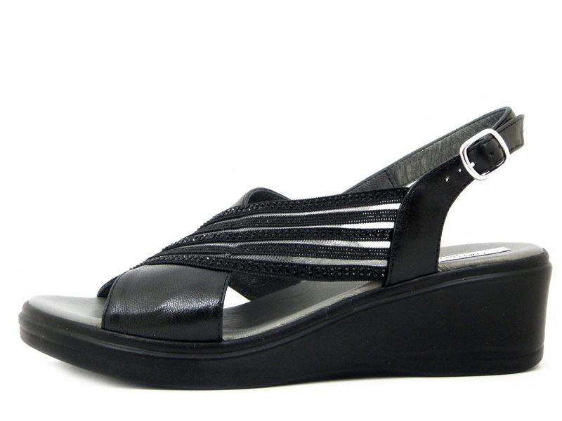 Sandali Donna in Pelle Nero e Tessuto con Strass, Zeppa Media 5 cm, Osvaldo Pericoli - 7299G1