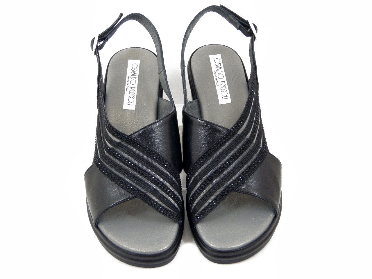Sandali Donna in Pelle Nero e Tessuto con Strass, Zeppa Media 5 cm, Osvaldo Pericoli - 7299G1