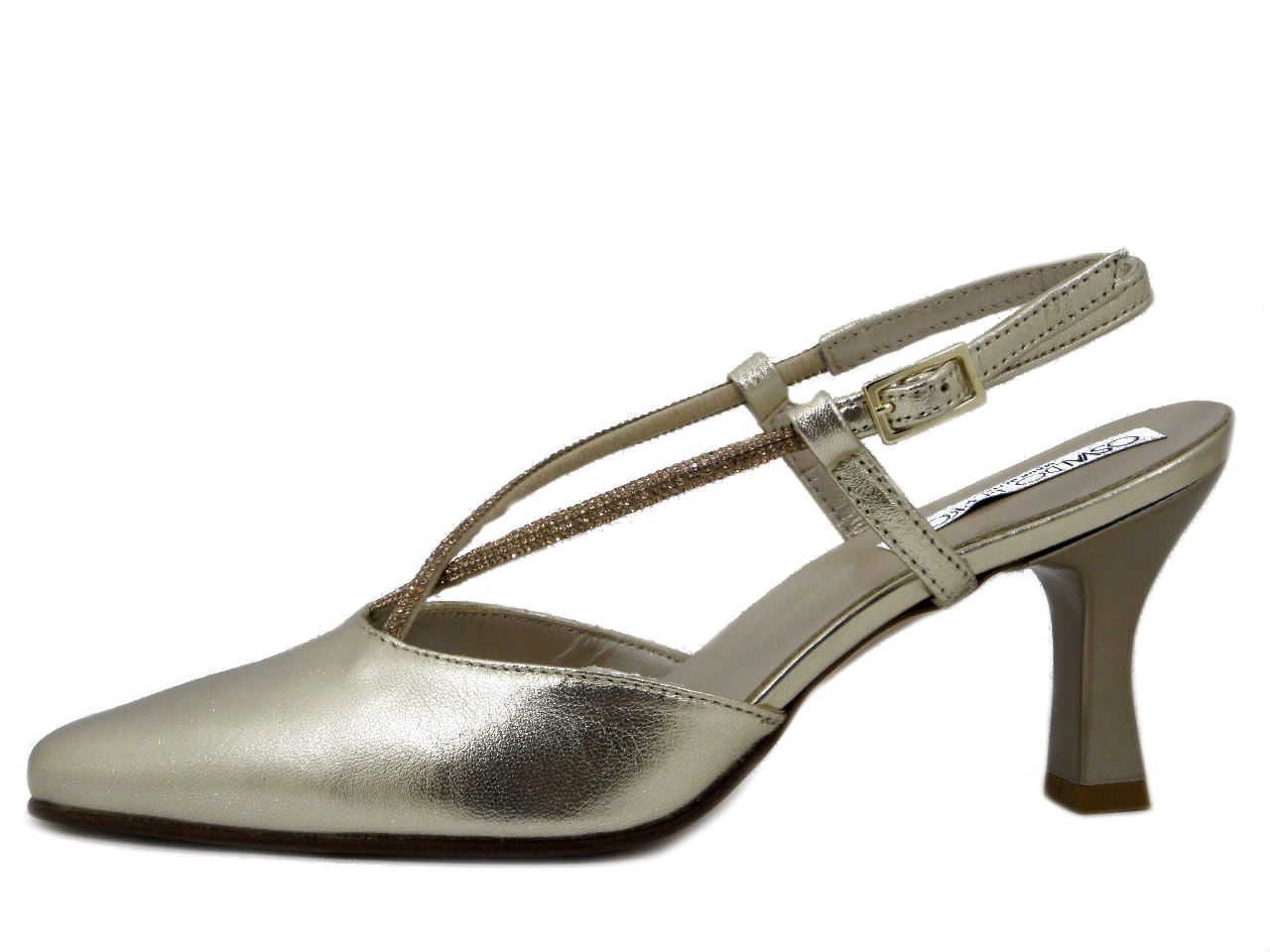 Decolleté Sling Back in Pelle Oro e Strass, Tacco Medio 7 cm, Osvaldo Pericoli - P61G3