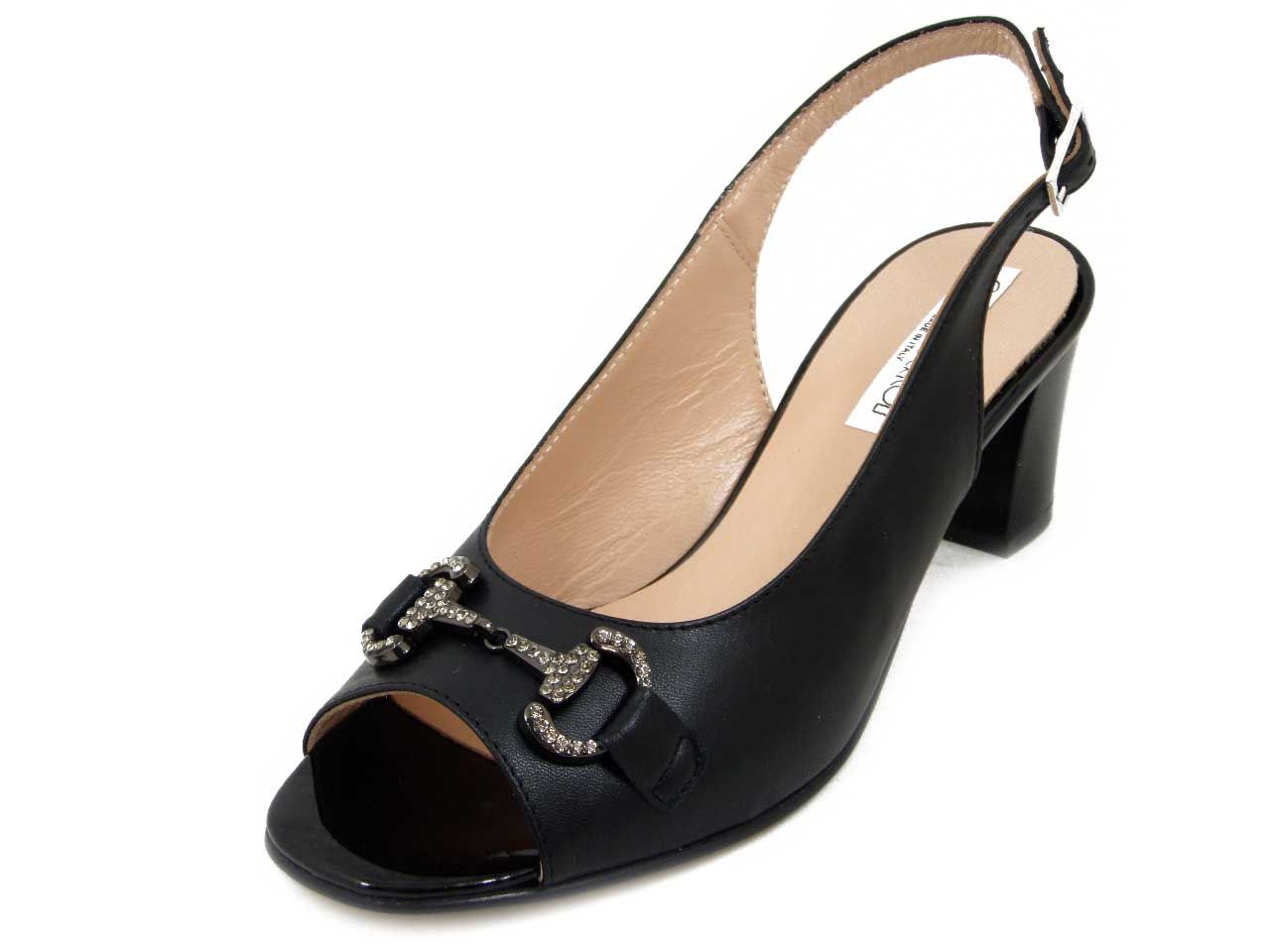 Sandali Donna Open Toe in Pelle Nappa Nero, Pianta Comoda, Tacco Medio, Osvaldo Pericoli - T60C4