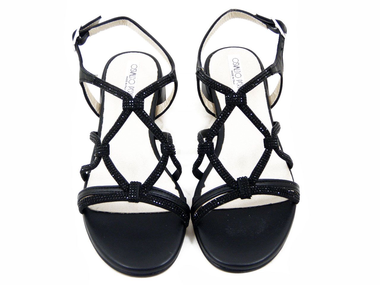 Sandali Donna in Pelle Nero con Strass, Tacco Basso, Osvaldo Pericoli - TR20G3G
