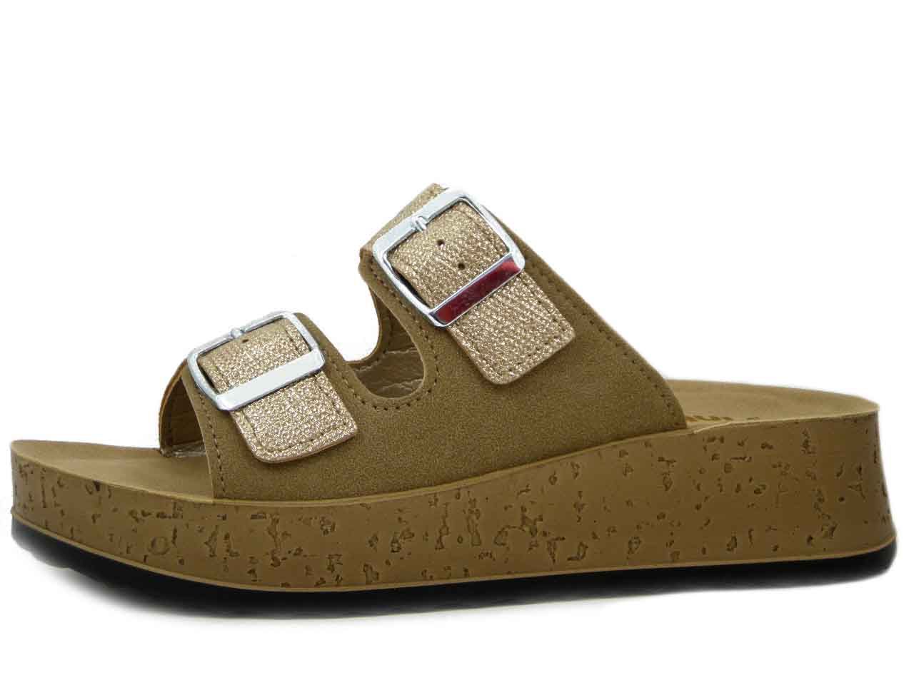 Ciabatta Donna in Eco Pelle Beige e Platino con Fibbie, Suola Platform 4 cm,  INBLU - PK47