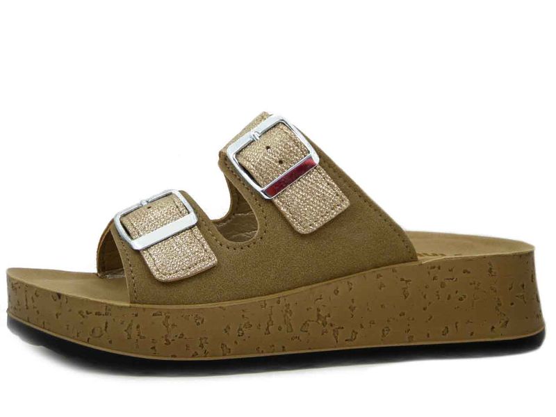 Ciabatta Donna in Eco Pelle Beige e Platino con Fibbie, Suola Platform 4 cm, INBLU - PK47 Ciabatta Donna in Eco Pelle Beige e Platino con Fibbie, Suola Platform 4 cm, INBLU - PK47