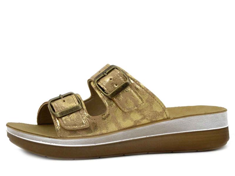 Ciabatte Donna Beige Animalier con Fibbie, Sottopiede Vera Pelle, Zeppa Bassa 4 cm,  INBLU - FT26