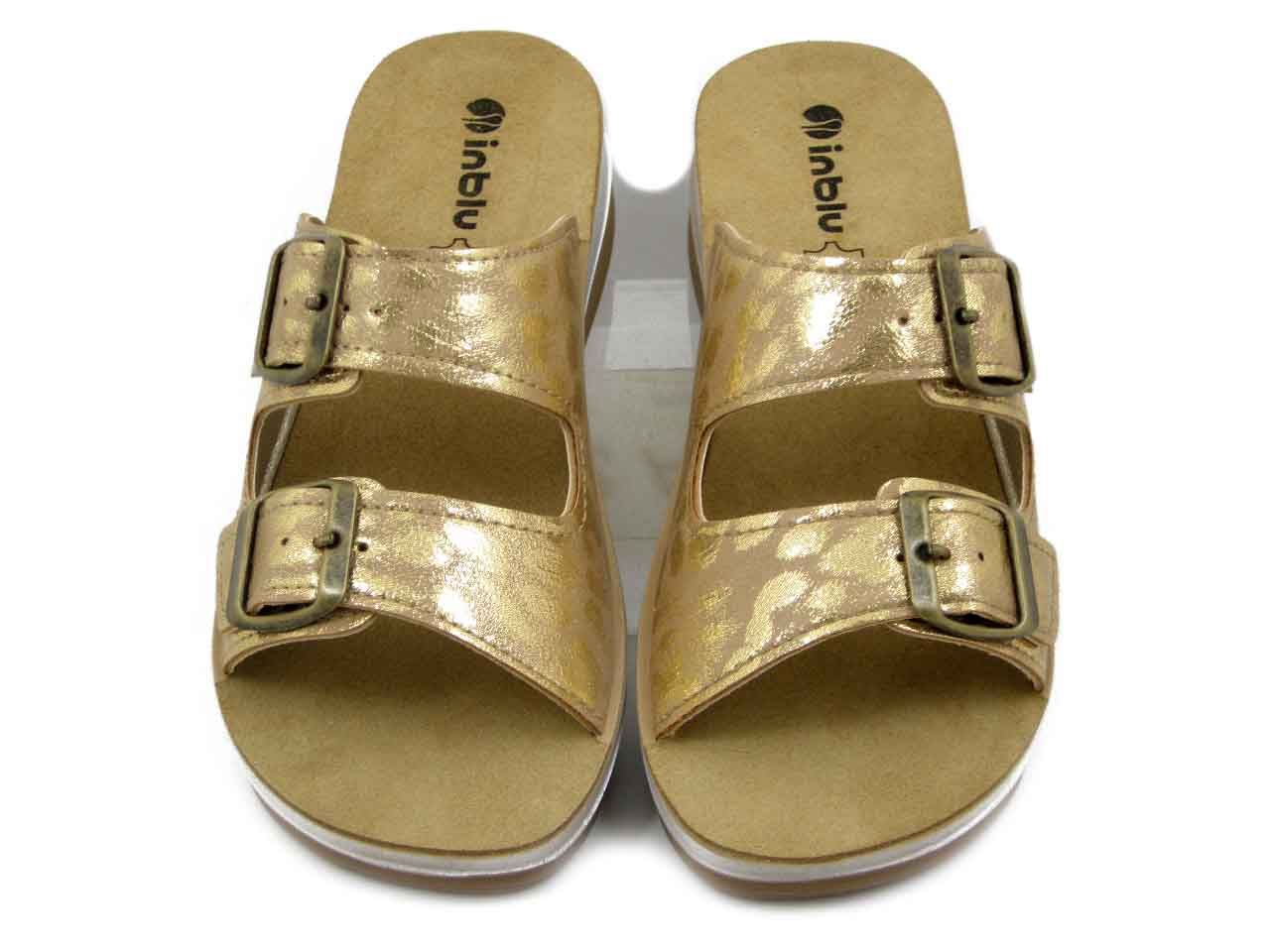 Ciabatte Donna Beige Animalier con Fibbie, Sottopiede Vera Pelle, Zeppa Bassa 4 cm,  INBLU - FT26