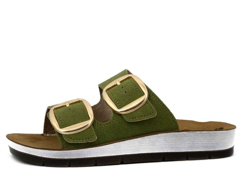 Ciabatte Donna Verde con Fibbie, Sottopiede Vera Pelle, Zeppa Bassa 3 cm,  INBLU - CP61