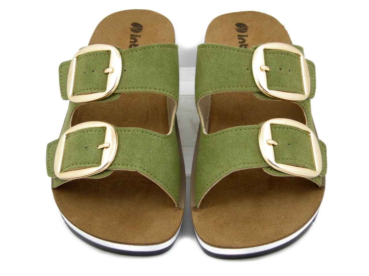 Ciabatte Donna Verde con Fibbie, Sottopiede Vera Pelle, Zeppa Bassa 3 cm,  INBLU - CP61
