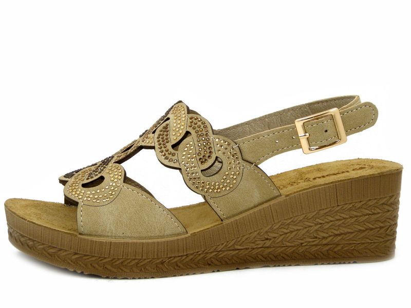 Sandali Donna Beige con Strass, Sottopiede Soft Vera Pelle, Zeppa Media e Plateau, INBLU - GO19 Sandali Donna Beige con Strass, Sottopiede Soft Vera Pelle, Zeppa Media e Plateau, INBLU - GO19