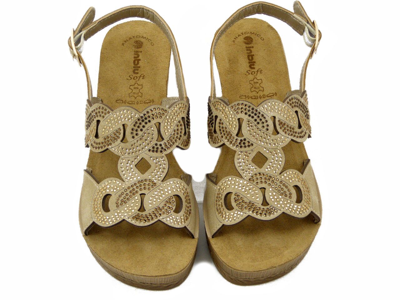 Sandali Donna Beige con Strass, Sottopiede Soft Vera Pelle, Zeppa Media e Plateau, INBLU - GO19